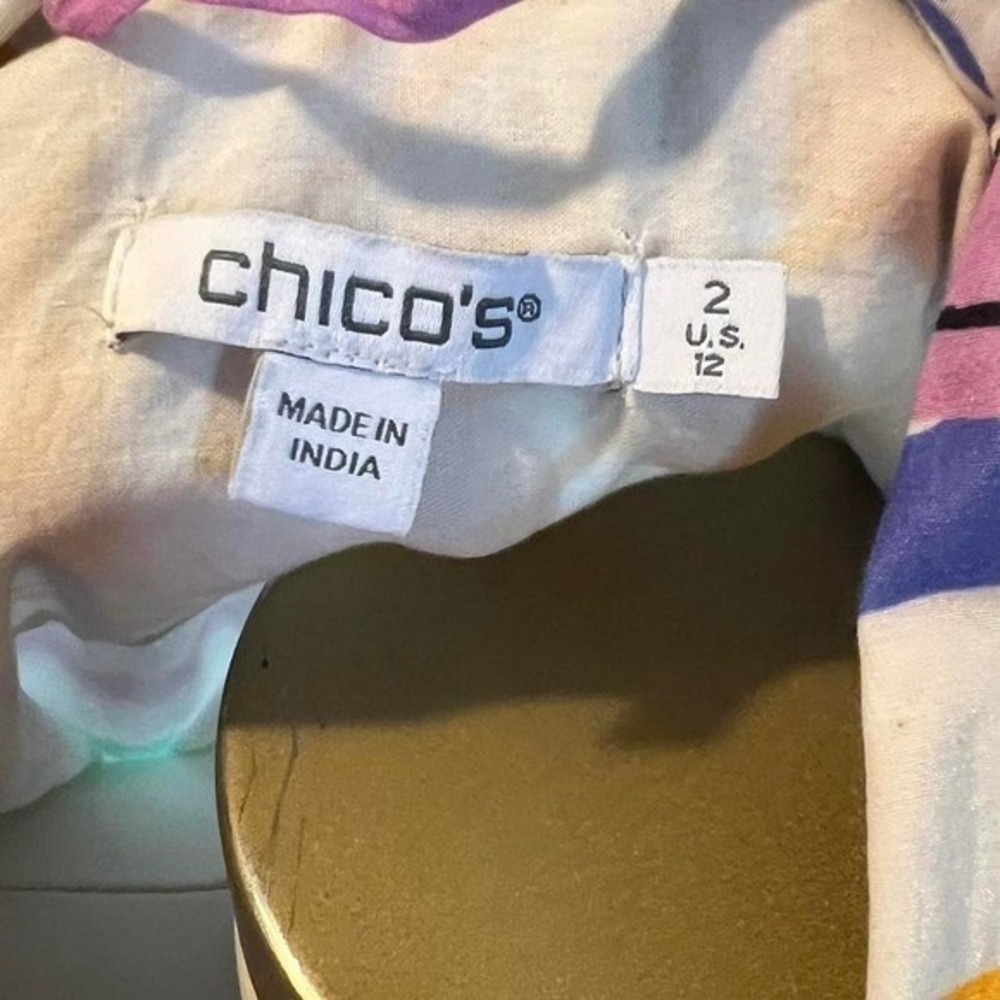 Chico's Multicolor Abstract Print Midi Dress Belted Long Sleeve Size 2 US 12 - Picture 3 of 4